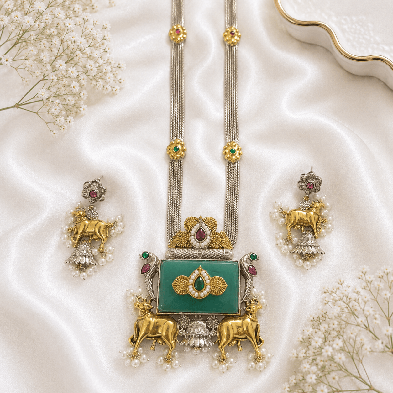 silver and gold tone cow motif statement necklace with green stone and matching earrings for women