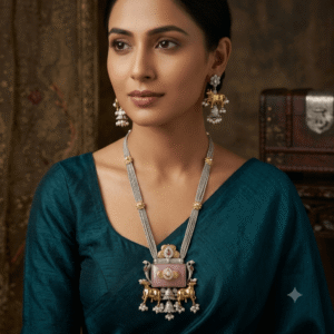 silver and gold tone cow motif statement necklace with green stone and matching earrings for women