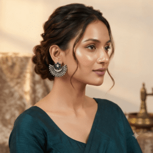 A side profile of a woman wearing intricately detailed oxidized silver crescent-shaped earrings, featuring a central floral motif with dark green stone inlay and beaded texture.