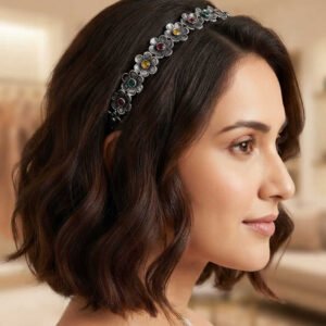 Oxidized silver floral hair band with multi-color stones for women and girls