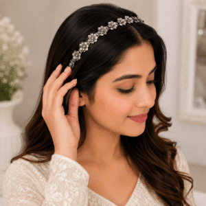 Oxidized silver floral hair band with multi-color stones for women and girls