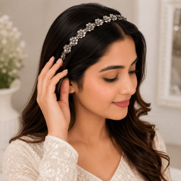 Oxidized silver floral hair band with multi-color stones for women and girls