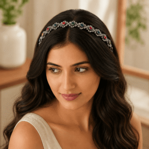 Oxidized silver floral hair band with multi-color stones for women and girls