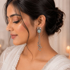 Woman wearing vintage German silver bird design earrings with blue stone and dangling ghungroo tassels.
