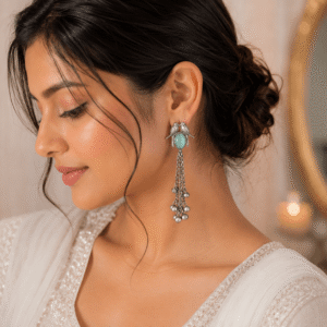 Woman wearing vintage German silver bird design earrings with green stone and dangling ghungroo tassels.