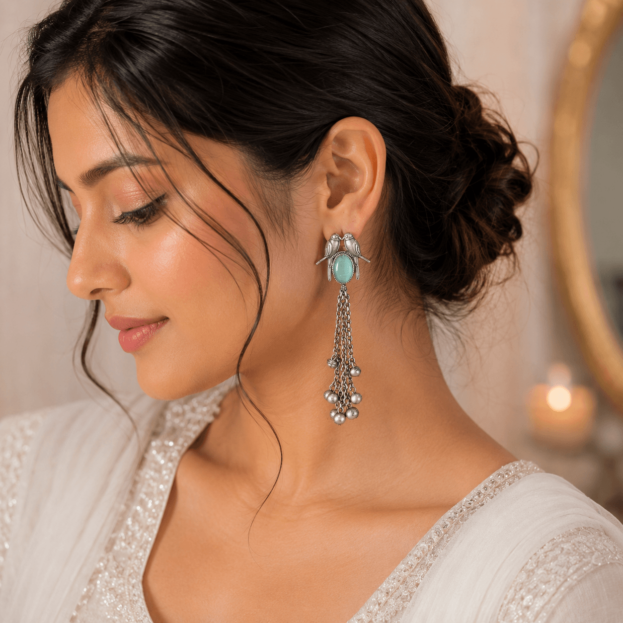 Woman wearing vintage German silver bird design earrings with green stone and dangling ghungroo tassels.