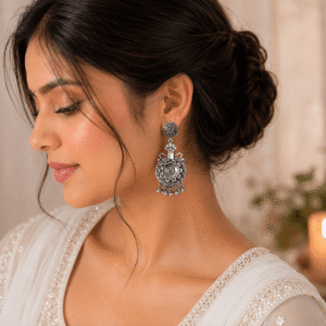 Woman wearing vintage oxidized German silver floral chandbali earrings with intricate filigree detailing and dangling beads.