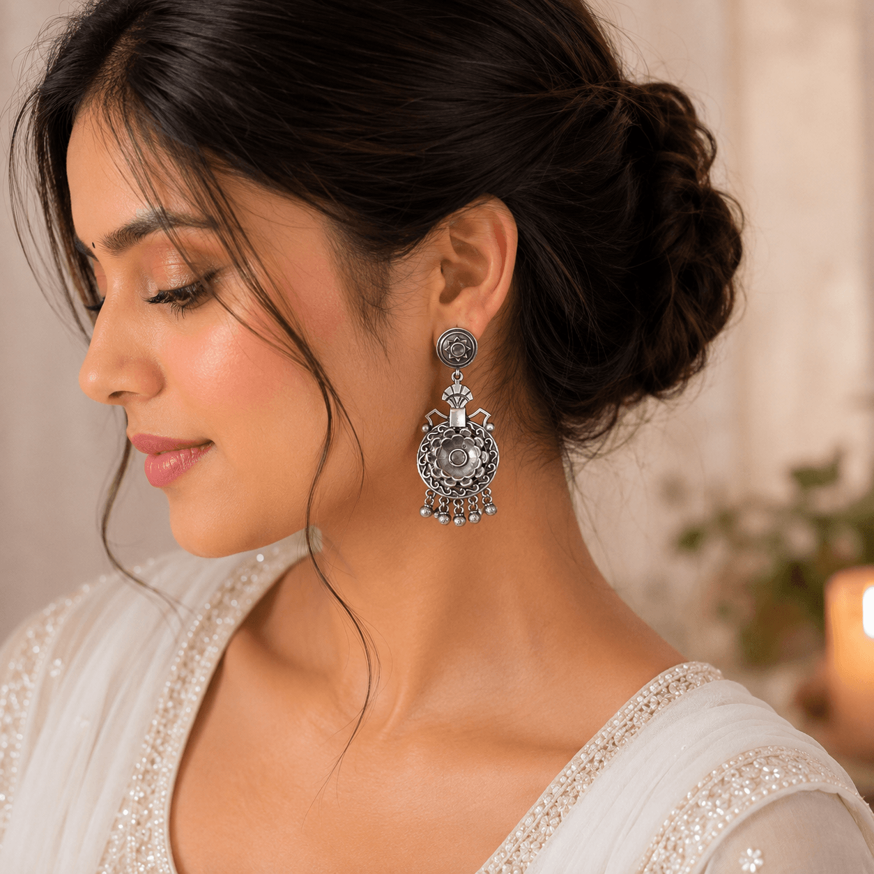 Woman wearing vintage oxidized German silver floral chandbali earrings with intricate filigree detailing and dangling beads.