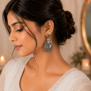Woman wearing vintage German silver floral chandbali earrings with intricate filigree detailing and dangling beads.