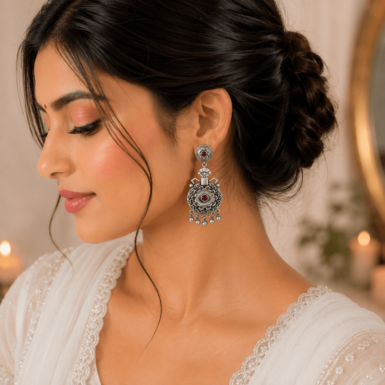 Woman wearing vintage German silver floral chandbali earrings with intricate filigree detailing and dangling beads.