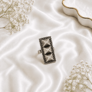 Traditional oxidized German silver adjustable statement ring featuring a geometric pyramid design for women.