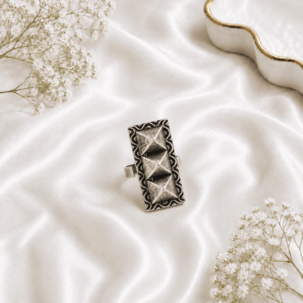 Traditional oxidized German silver adjustable statement ring featuring a geometric pyramid design for women.