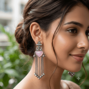 Close-up of a woman wearing premium German silver long tassel earrings featuring a pink heart-shaped stone, antique detailing, and ghungroo accents.