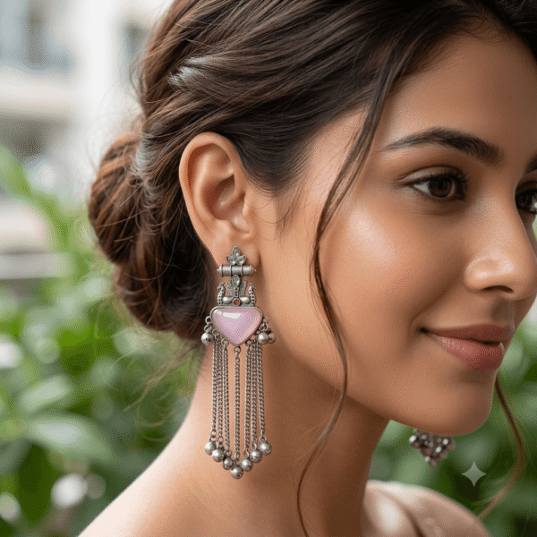 Close-up of a woman wearing premium German silver long tassel earrings featuring a pink heart-shaped stone, antique detailing, and ghungroo accents.