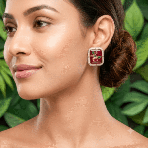 Close-up of a woman wearing premium oxidized German silver square stud earrings featuring a red stone and floral motif.