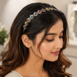 Oxidized silver floral hair band with multi-color stones for women and girls