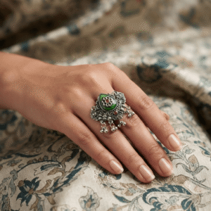Traditional oxidised silver statement ring featuring a green enamel floral centerpiece with pink stone accents and dangling ghungroo beads, worn on a woman's finger.