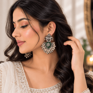 Woman wearing premium german silver green stone pearl chandbali earrings with traditional ethnic outfit.