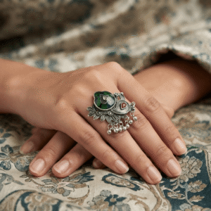 Elegant oxidised silver peacock design adjustable statement ring with green enamel and dangling bead details worn on a woman's finger.
