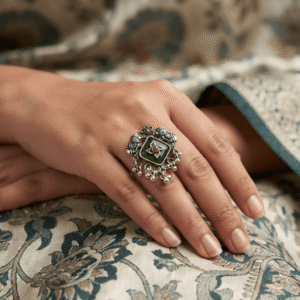 Woman wearing an oxidised silver adjustable statement ring featuring a green square stone, maroon accents, and ghungroo charms.