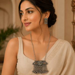 A model wearing a long oxidized silver necklace with a rectangular centerpiece featuring colorful inlay work and hanging ghungroo beads, paired with matching rectangular stud earrings.