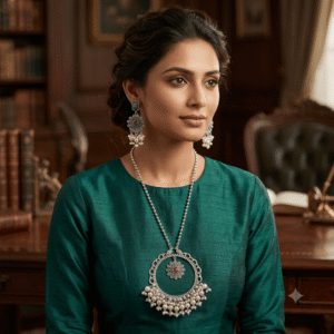 Model wearing an oxidized silver necklace set with red stone pendant, pearl detailing, and matching earrings on a teal outfit.