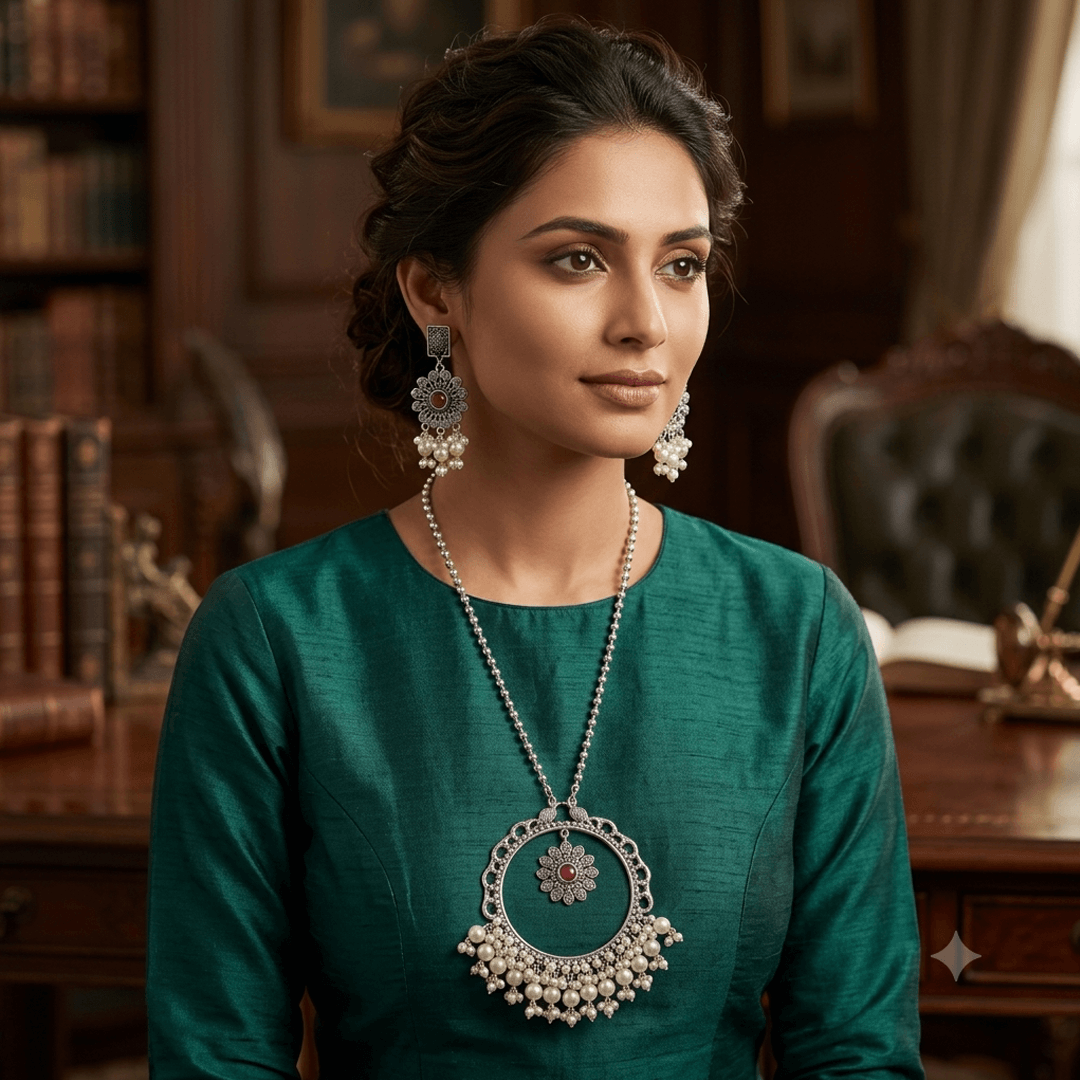 Model wearing an oxidized silver necklace set with red stone pendant, pearl detailing, and matching earrings on a teal outfit.