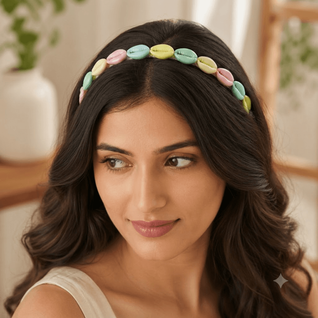 Woman wearing a pastel seashell hair band with colorful shell embellishments, stylish fashion hair accessory for women and girls.