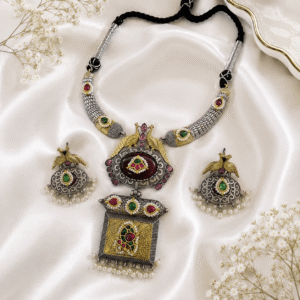 Premium german Silver peacock necklace with matching earrings featuring pearl accents and multicolor stone detailing for women.