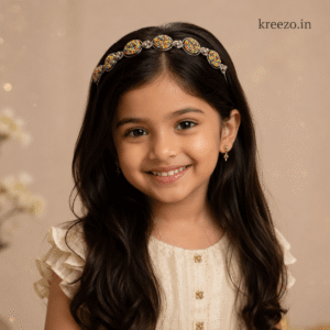 Young girl wearing a rainbow beaded hair band with colorful crystal embellishments, stylish headband for kids and girls.