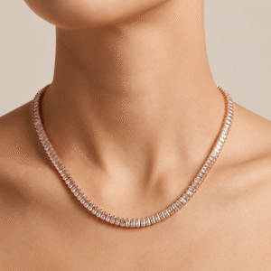 Rose gold anti-tarnish necklace with baguette-style stones worn on neck