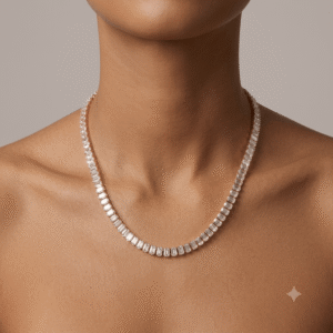 Premium rose gold diamond tennis necklace elegantly worn on a woman's neck, featuring a sparkling round-cut stone design for weddings, parties, and everyday luxury wear.