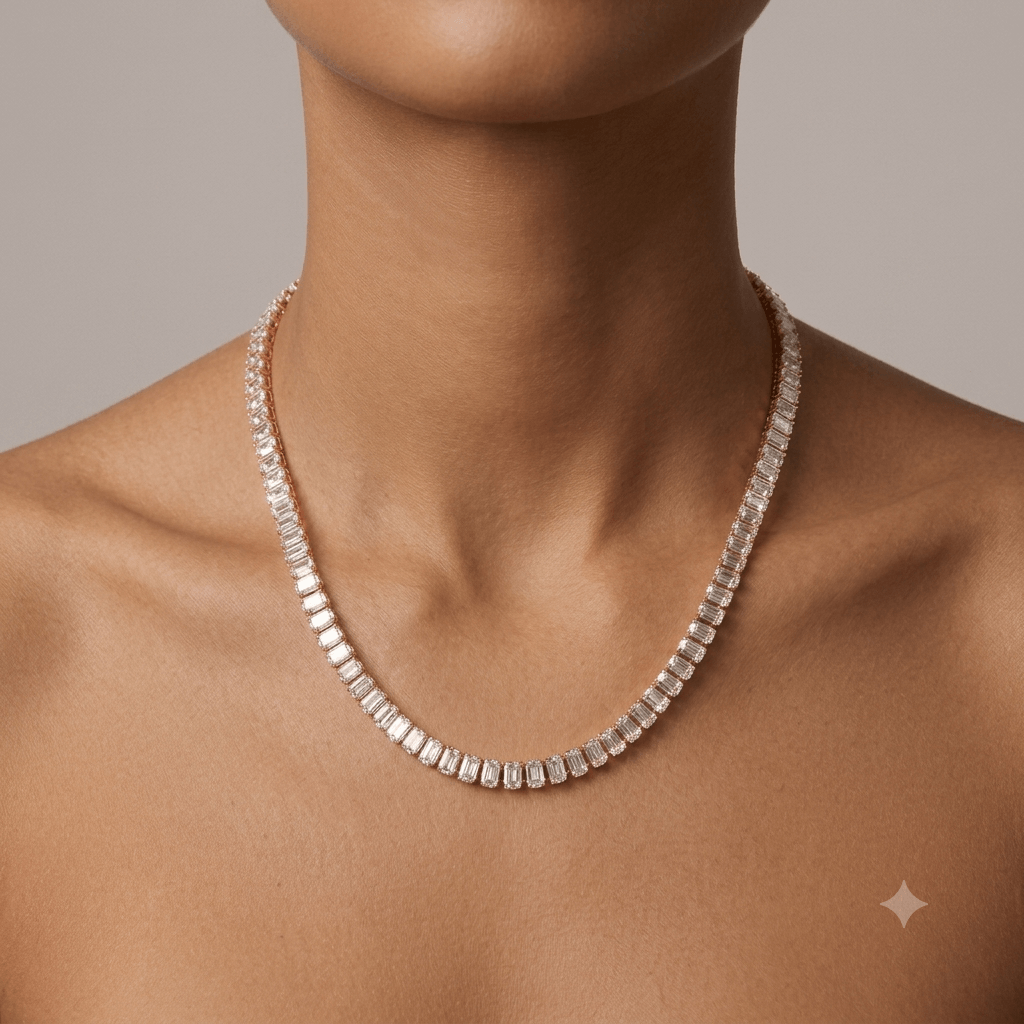 Premium rose gold diamond tennis necklace elegantly worn on a woman's neck, featuring a sparkling round-cut stone design for weddings, parties, and everyday luxury wear.
