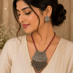 Premium oxidized silver floral statement necklace with matching earrings featuring handcrafted floral engraving and ghungroo detailing for women.