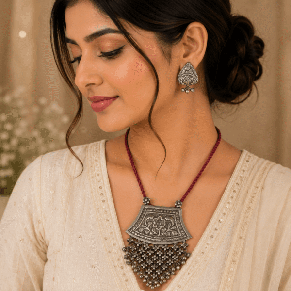 Premium oxidized silver floral statement necklace with matching earrings featuring handcrafted floral engraving and ghungroo detailing for women.