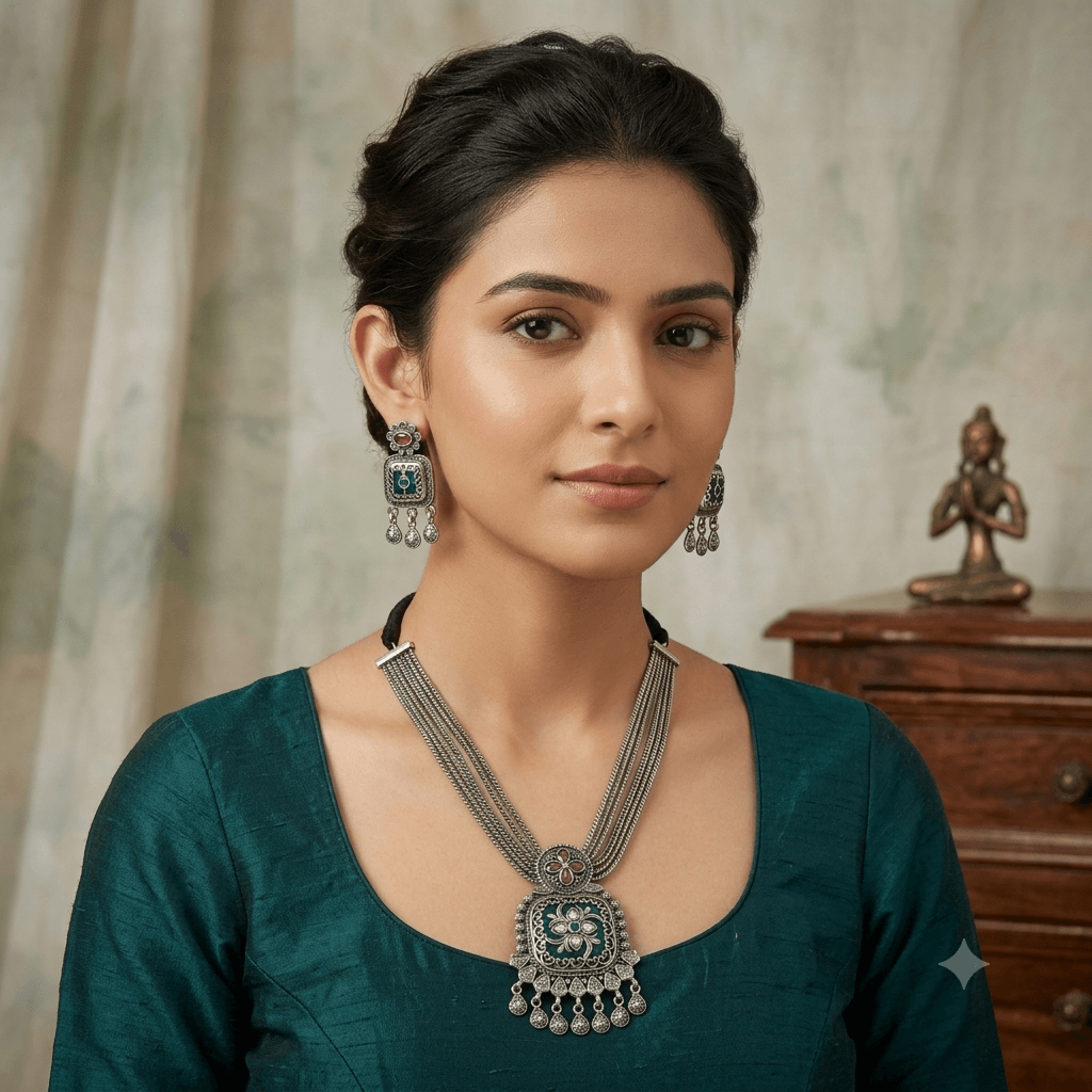 Premium German silver green necklace set with matching earrings featuring white Kundan stones in an antique german finish.