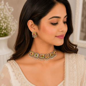 Premium model wearing a German silver multicolor oxidized choker necklace with matching earrings, perfect for festive, Navratri, wedding and ethnic wear.