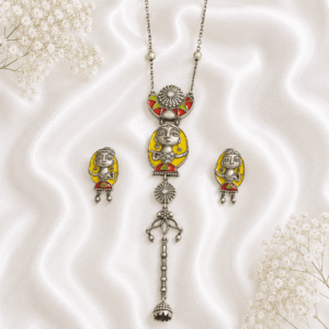 silver tribal lady long necklace with yellow and red enamel design and matching earrings for women