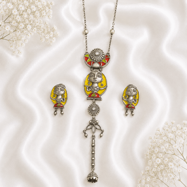 silver tribal lady long necklace with yellow and red enamel design and matching earrings for women