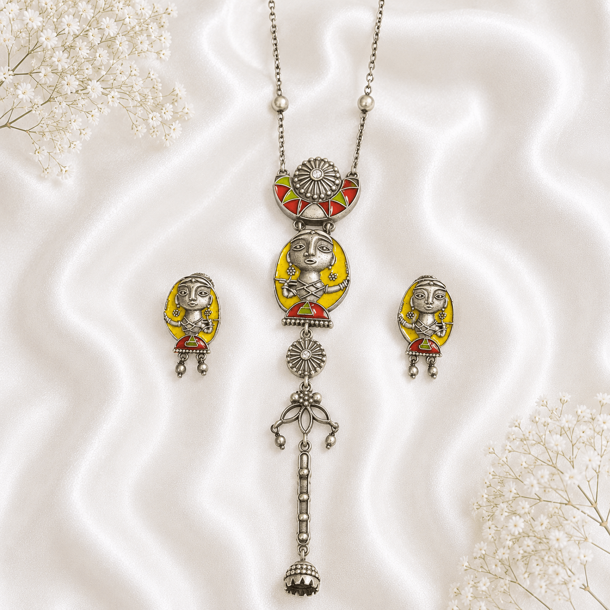 silver tribal lady long necklace with yellow and red enamel design and matching earrings for women