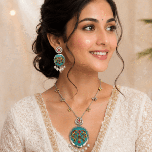 silver turquoise stone statement necklace with pearl drops and matching earrings for women