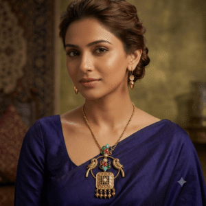 A portrait of a woman wearing a traditional Indian jewelry set with a detailed gold peacock pendant and multi-colored gemstones, paired with a royal blue silk saree.