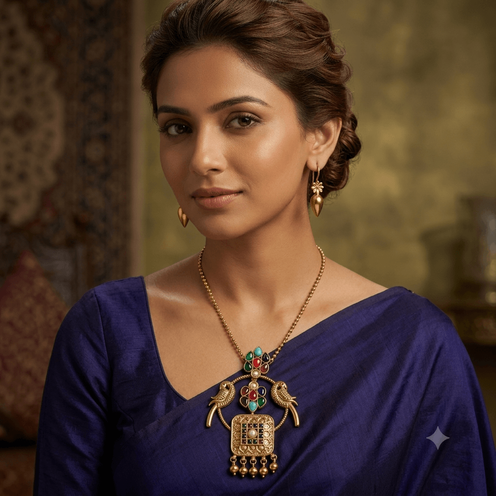 A portrait of a woman wearing a traditional Indian jewelry set with a detailed gold peacock pendant and multi-colored gemstones, paired with a royal blue silk saree.