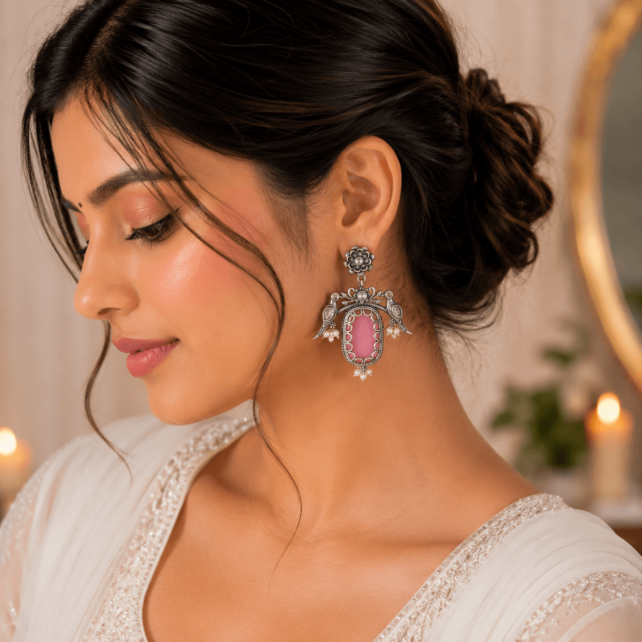 Woman wearing vintage oxidized German silver pink stone bird dangler earrings with floral stud design and pearl accents.