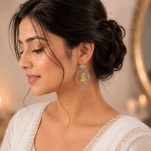 Woman wearing vintage German silver tribal dancer earrings with colorful hand-painted detailing and ethnic dangler design.