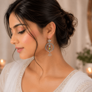 Woman wearing vintage German silver tribal musician earrings with colorful hand-painted detailing and ethnic dangler design.