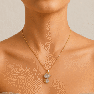 Woman wearing a gold-plated stainless steel necklace with a sparkling white crystal teddy bear pendant, perfect for everyday wear and gifting.