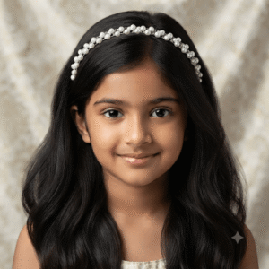 Young girl wearing a white pearl beaded hair band, elegant headband for girls suitable for parties and special occasions.