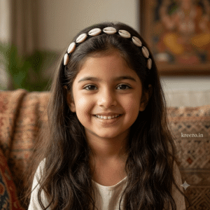 Young girl wearing a white brwon seashell hair band, stylish shell headband for girls and kids.