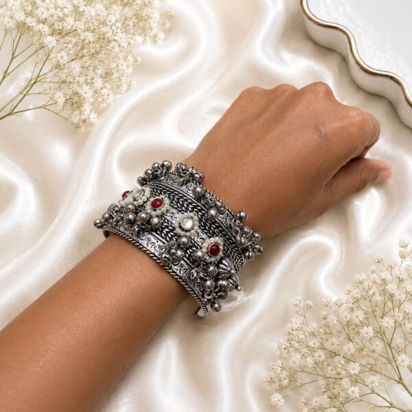 Oxidized silver broad kada with pearls and red stones